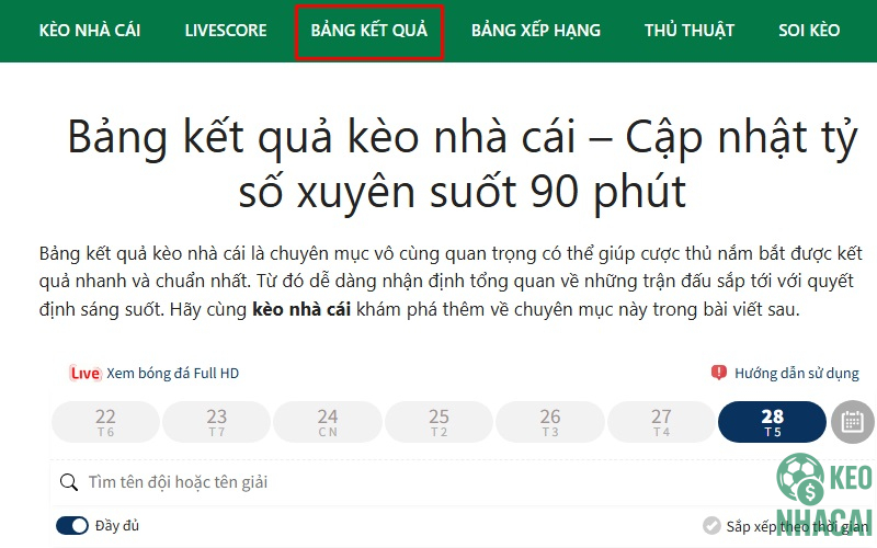 lựa chọn “Bảng kết quả”